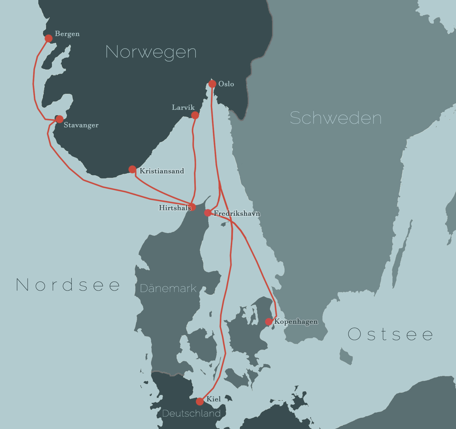 Übersichtskarte über die Fähren mit Hund nach Norwegen.